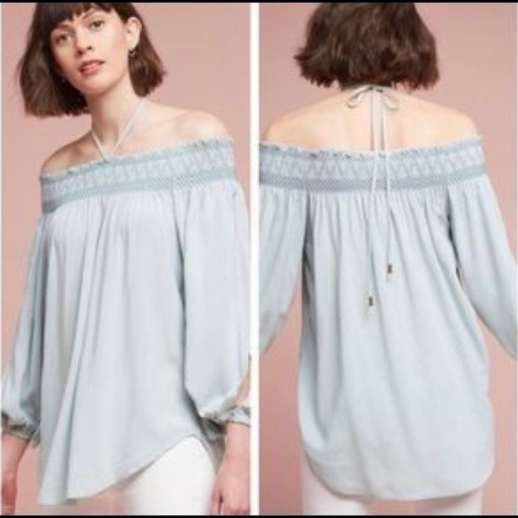 Anthropologie Holding Horses Lagenlook Blue Off Shoulder Halter Tie Neck Blouse - Picture 1 of 9